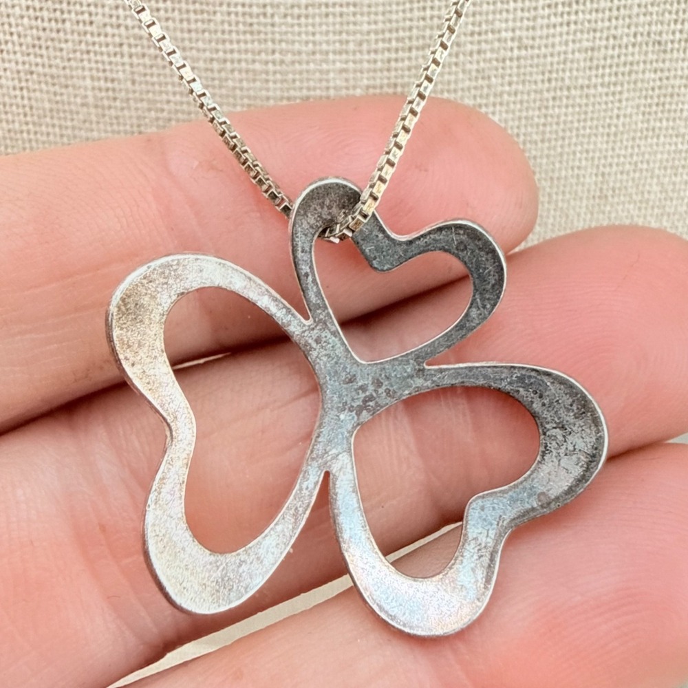 Vintage Estate Necklace Silver Clover Box Chain Signed Luck 19in READ